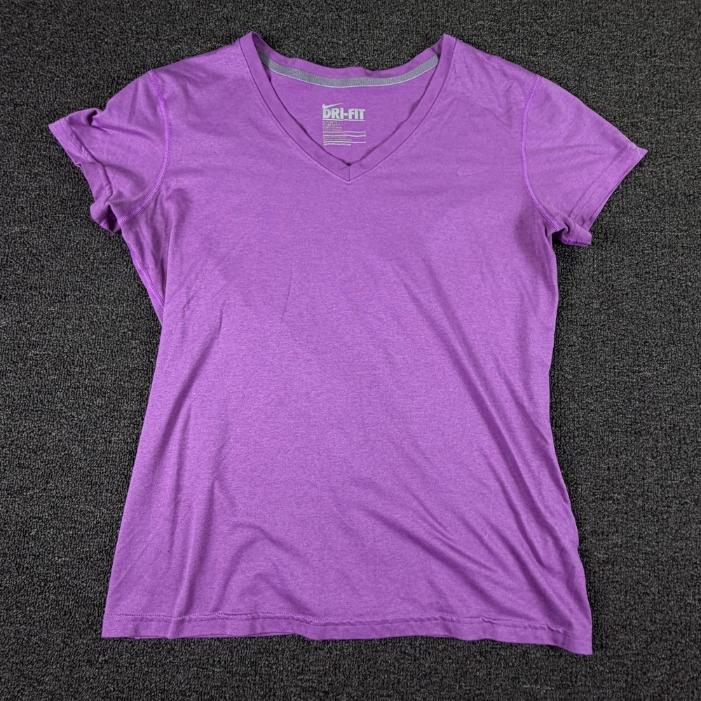 Nike T-Shirt Womens L Dri-FIT Purple V-Neck Short Sleeve Activewear EUC